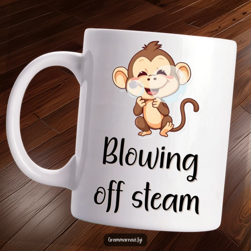 Funny mug with a mischievous monkey blowing a very large, transparent bubble, showing a wide, playful grin.