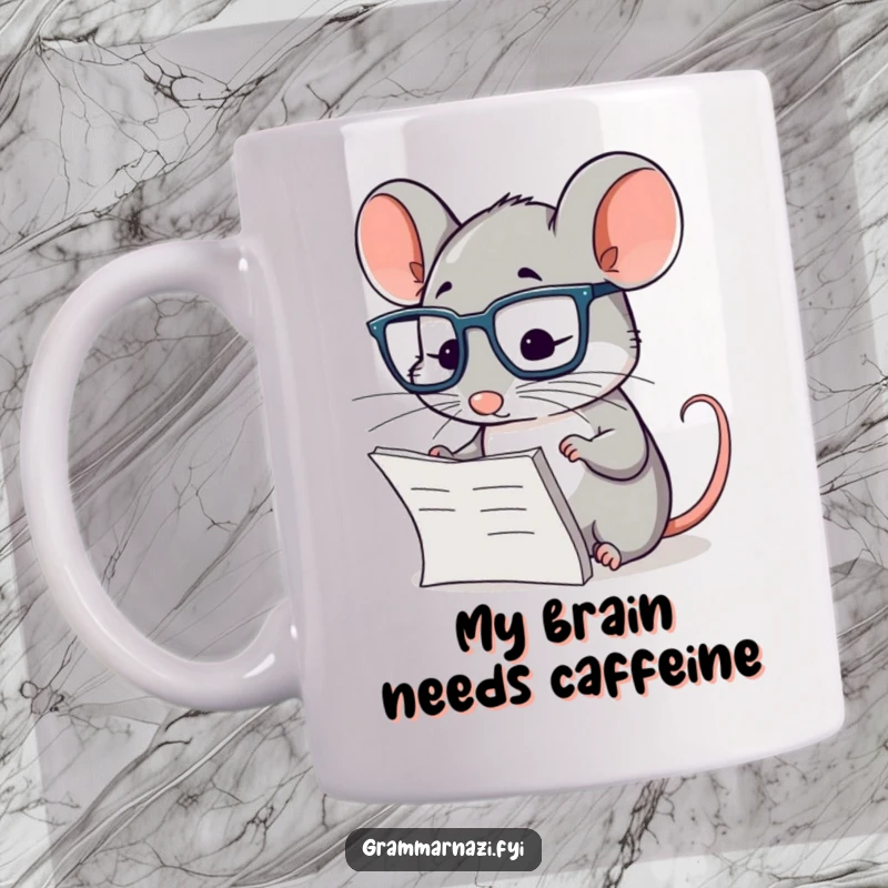 Funny mug with a diligent mouse wearing glasses, closely inspecting text, embodying a studious and humorous character.