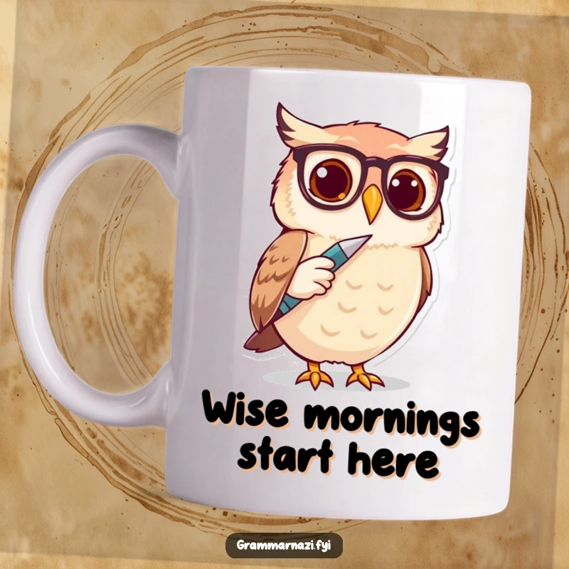 Funny Owl Spectacle Writer Mug: A cute owl with glasses taps a giant pen, looking serious and ready to write.