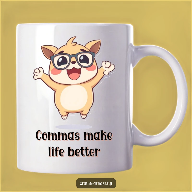 Funny Punctuation Joy Mug: Excited Creature with Glasses, Celebrating Comma Perfection, Gift