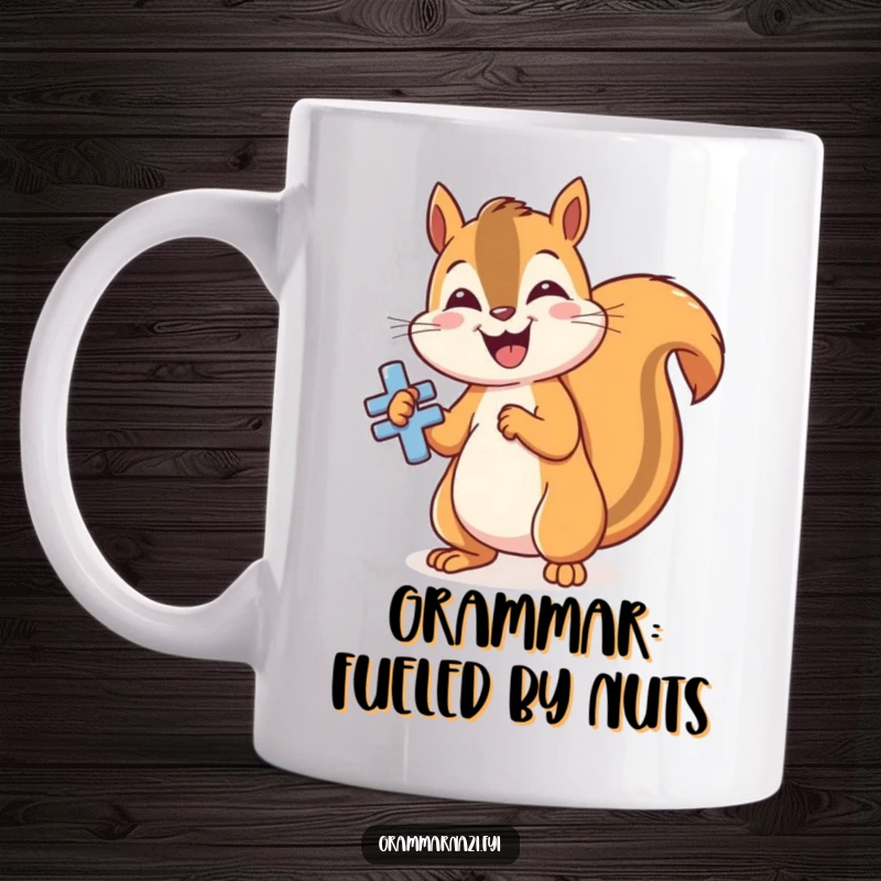 Funny grammar squirrel mug, gleefully polishing a shiny, perfectly formed grammatical symbol, humorous gift for language lovers.