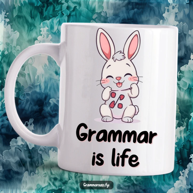 Funny Mug: A giggling bunny character carefully adjusts a perfectly straight apostrophe, symbolizing grammar enthusiasm.
