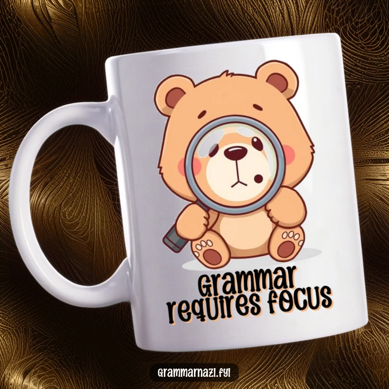 Funny bear with magnifying glass intensely inspecting a tiny comma, showcasing a love for grammar and wordplay on a coffee mug.