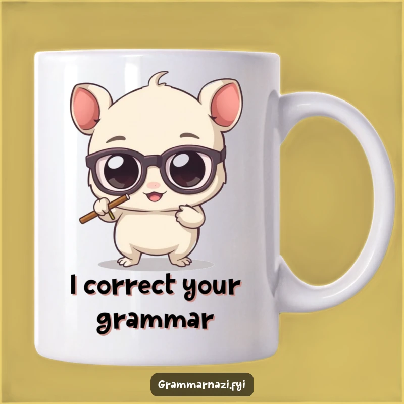 Funny Grammar Guardian Mug: Adorable Bespectacled Creature Erasing Apostrophe Errors, Perfect Gift