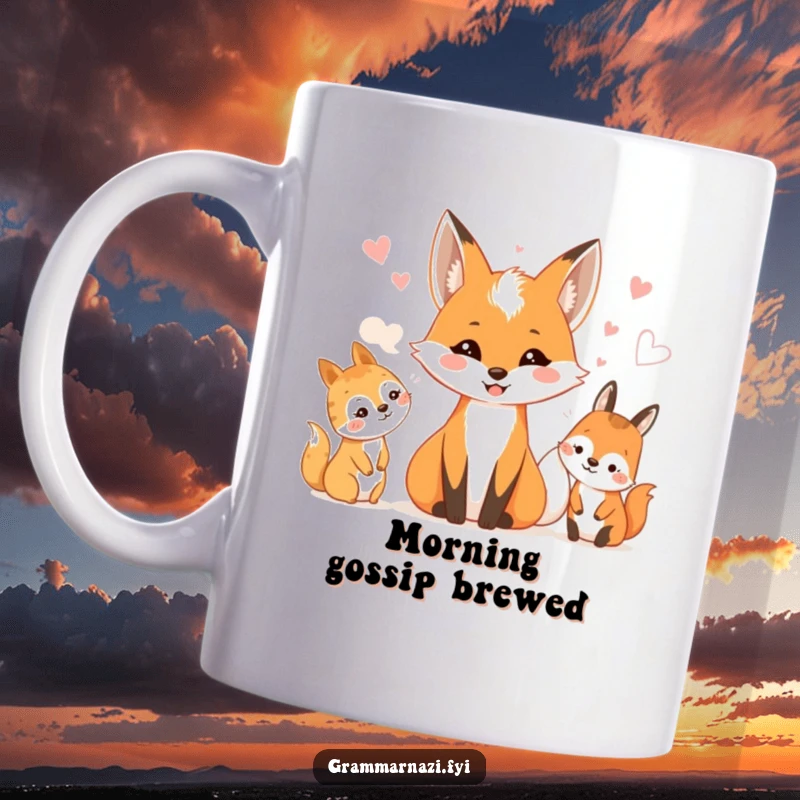 Funny mug with a smiling fox whispering secrets to a group of happy woodland creatures.