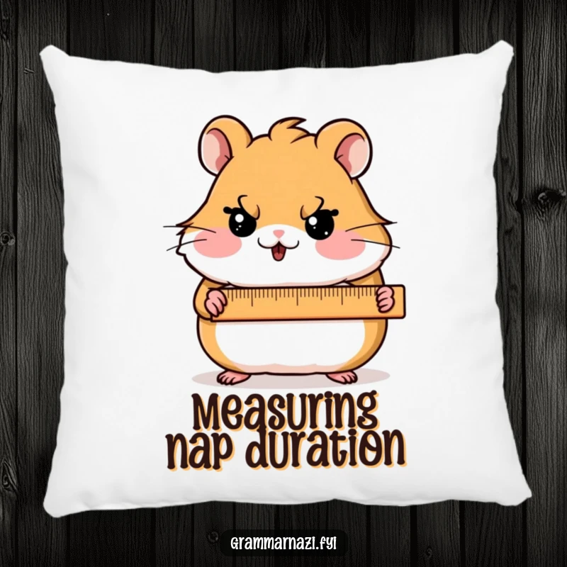Funny Pillow depicting a blushing hamster character holding a ruler with a stern expression, offering cozy precision.
