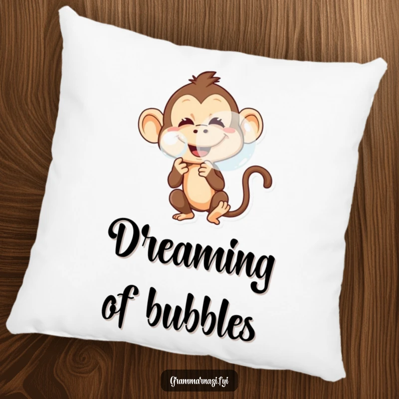 Funny pillow featuring a mischievous monkey with a playful grin, blowing a large, shimmering bubble.