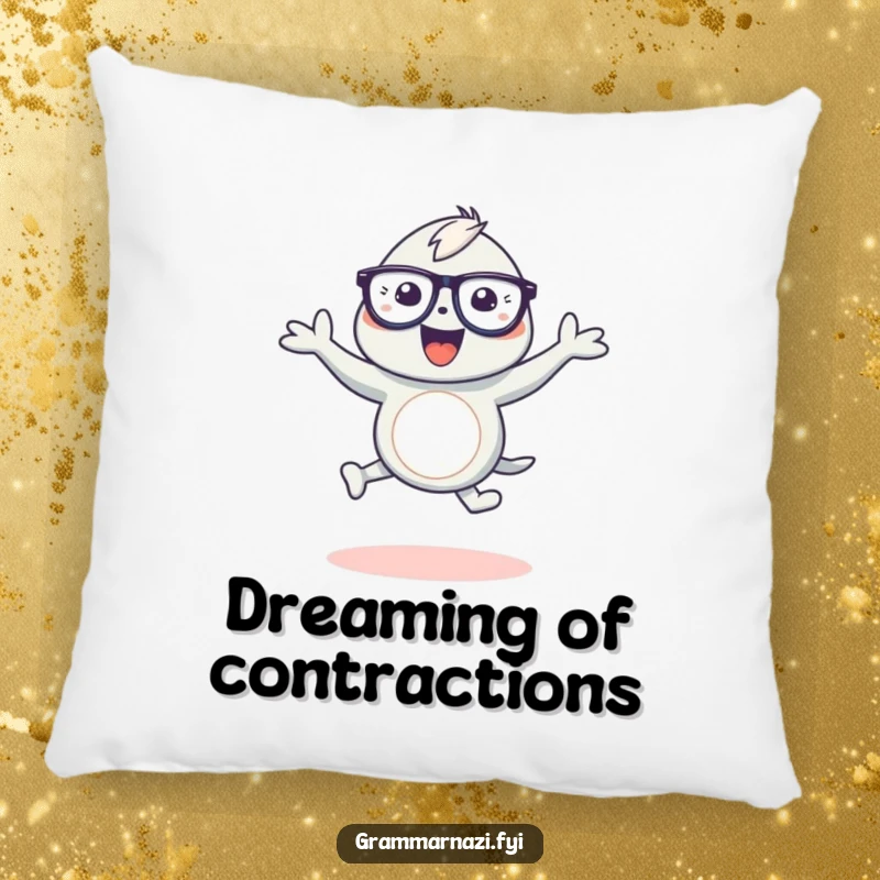 Funny pillow featuring a joyful creature wearing glasses, dancing elegantly around a curved apostrophe, perfect for relaxation.