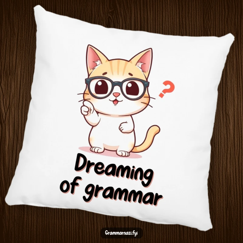 Funny pillow with a wise cat wearing glasses, its paw extended to correct a misplaced comma.