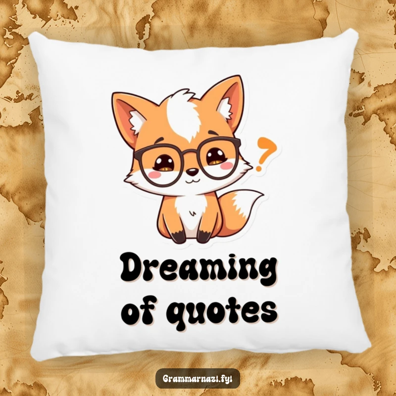 Funny Pillow: A curious fox wearing spectacles looks at a quotation mark, a soft and humorous decorative accent.