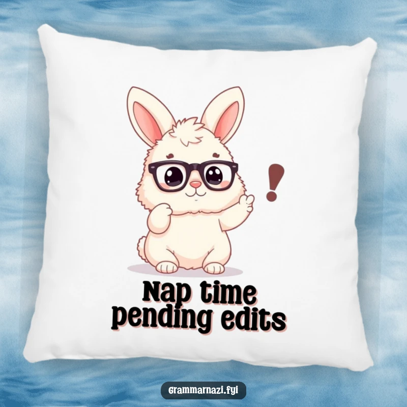 Funny pillow with a fluffy bunny wearing spectacles, pointing emphatically at a misplaced comma, delightful grammar-themed decor.