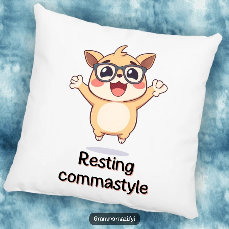 Funny pillow featuring an excited, bespectacled creature jumping for joy while holding a perfectly placed comma, adding cozy humor.