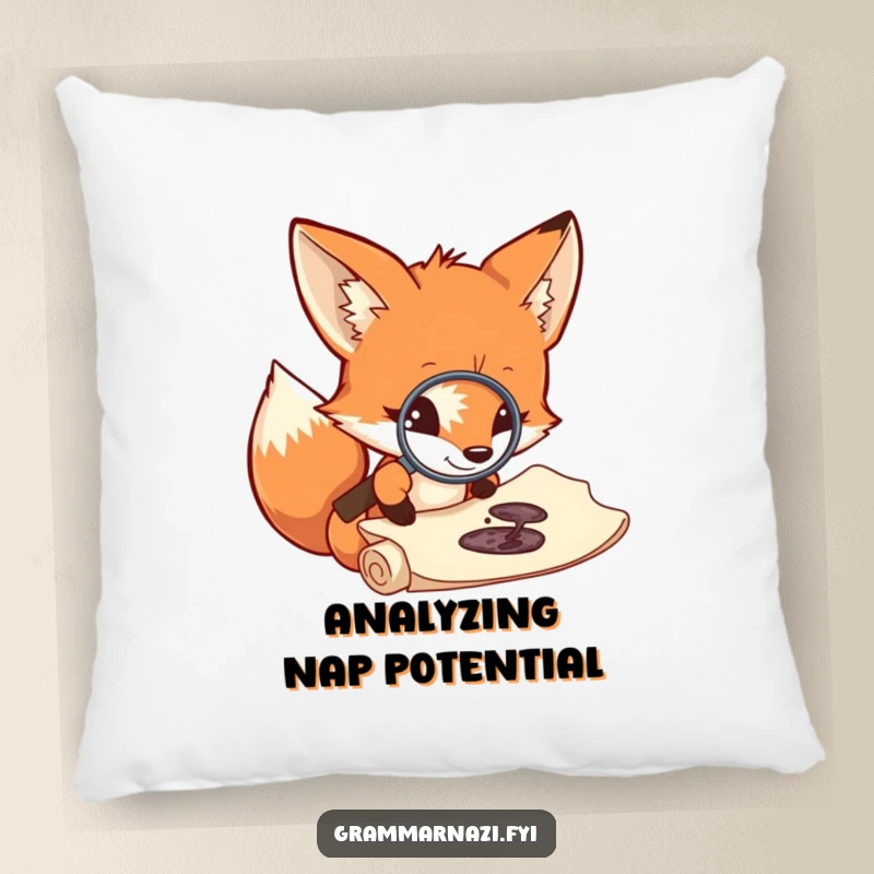 Funny fox comfort pillow, curious investigator with magnifying glass on ink splotch and scroll, soft and humorous home decor.