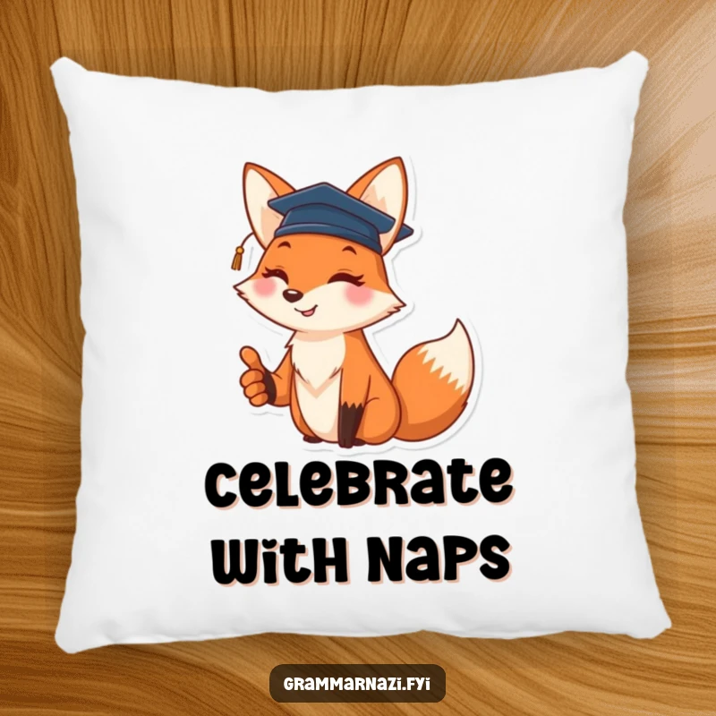 Funny pillow with a cheerful fox wearing a tiny graduation cap and giving a thumbs up, perfect decor.