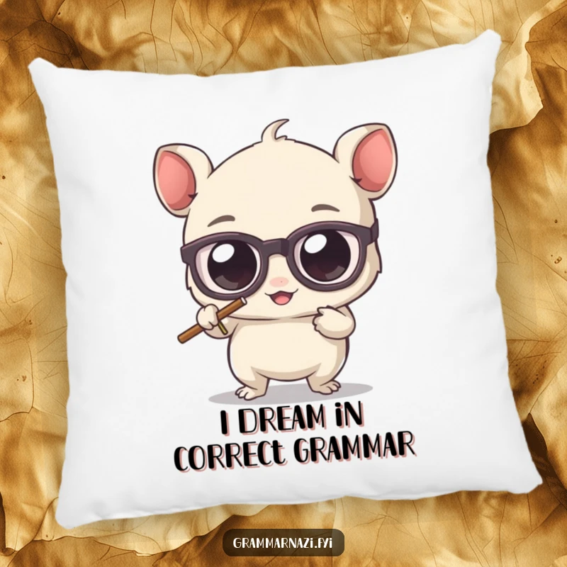 Funny pillow featuring a cute, bespectacled creature with big eyes, erasing an apostrophe, providing humorous comfort and style.