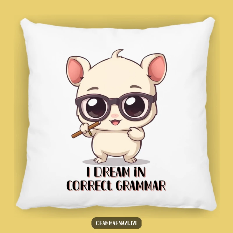 Funny Grammar Comfort Pillow: Bespectacled Creature Erasing Apostrophe, Cozy Home Decor Gift