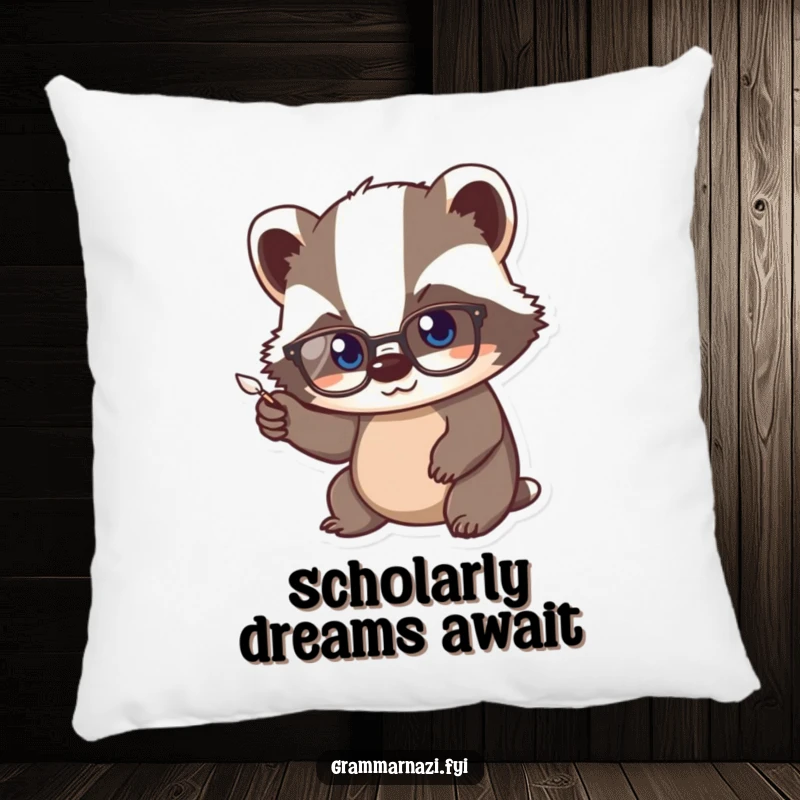Funny Kawaii Badger Pillow: A cute badger wearing spectacles diligently points a tiny quill, offering comfort and a scholarly vibe.