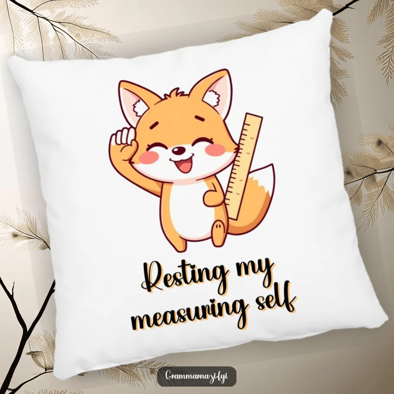 Funny Kawaii Fox Pillow: A smiling, cute fox enthusiastically salutes with a ruler, offering comfort and a cheerful, precise feel.