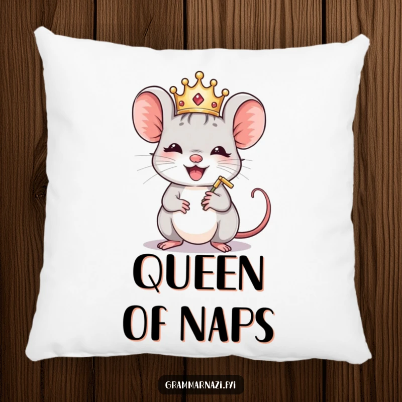 Funny Mouse Crown Polisher Pillow: A crowned mouse polishes a comma, offering soft, humorous comfort and decor.