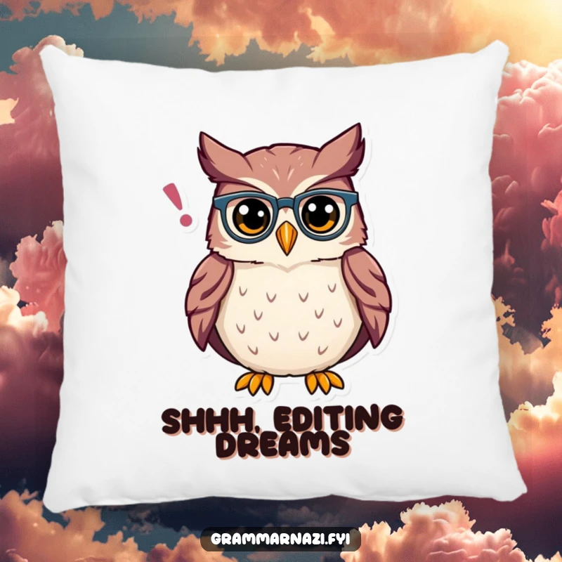 Funny Owl Grammar Pillow: A plush pillow with a proud owl adjusting an apostrophe, offering comfort and intellectual humor.