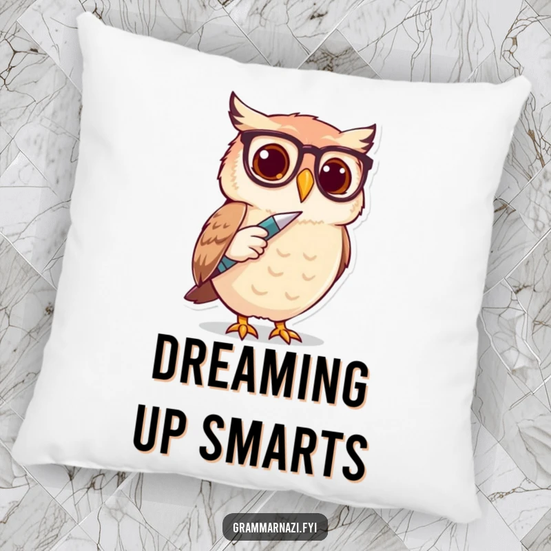 Funny Owl Spectacle Writer Pillow: A cute owl with spectacles taps a pen, offering soft, humorous comfort and decor.