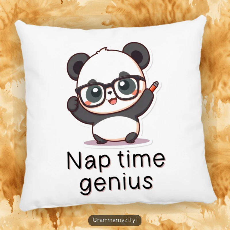 Funny panda wearing glasses and holding a red pen, printed on a decorative pillow, adding humor and smarts to a room.