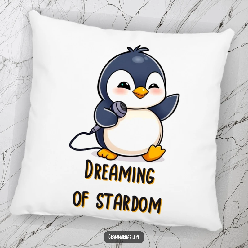 Funny pillow with a tiny penguin winking and holding a small microphone. Cozy performer.