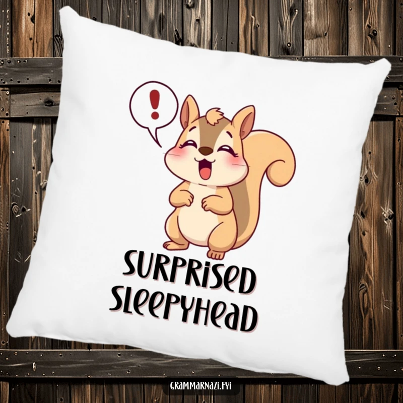 Funny happy squirrel pillow showing a dramatic gasp and exclamation point, offering plush comfort and humorous expression.