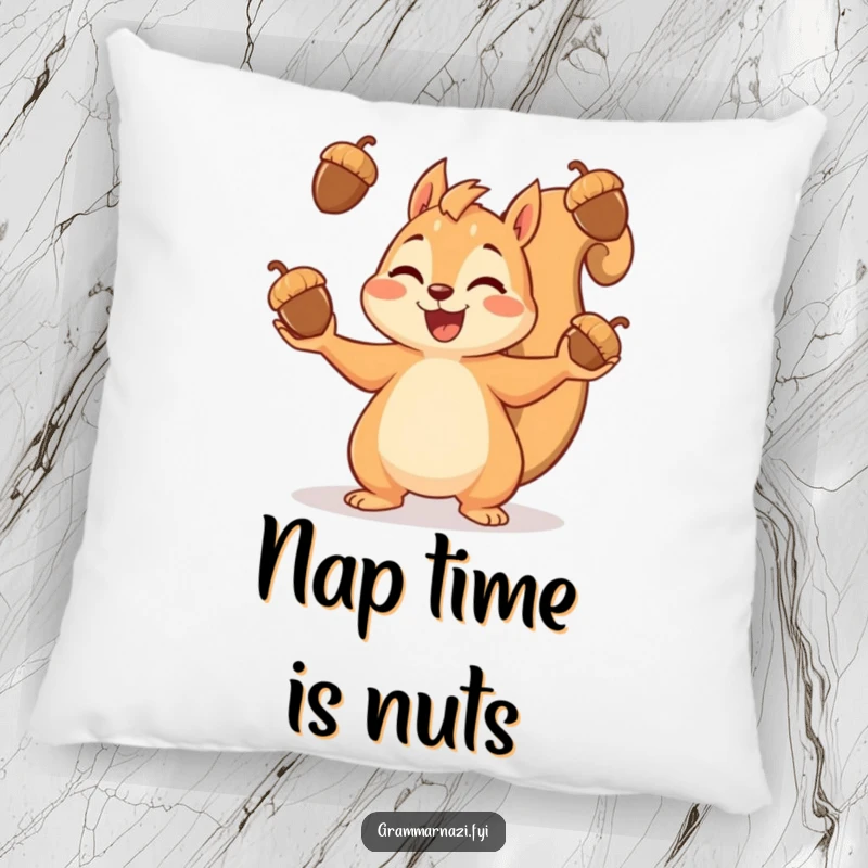 Funny pillow featuring a content squirrel expertly juggling acorns, offering a touch of playful comfort.