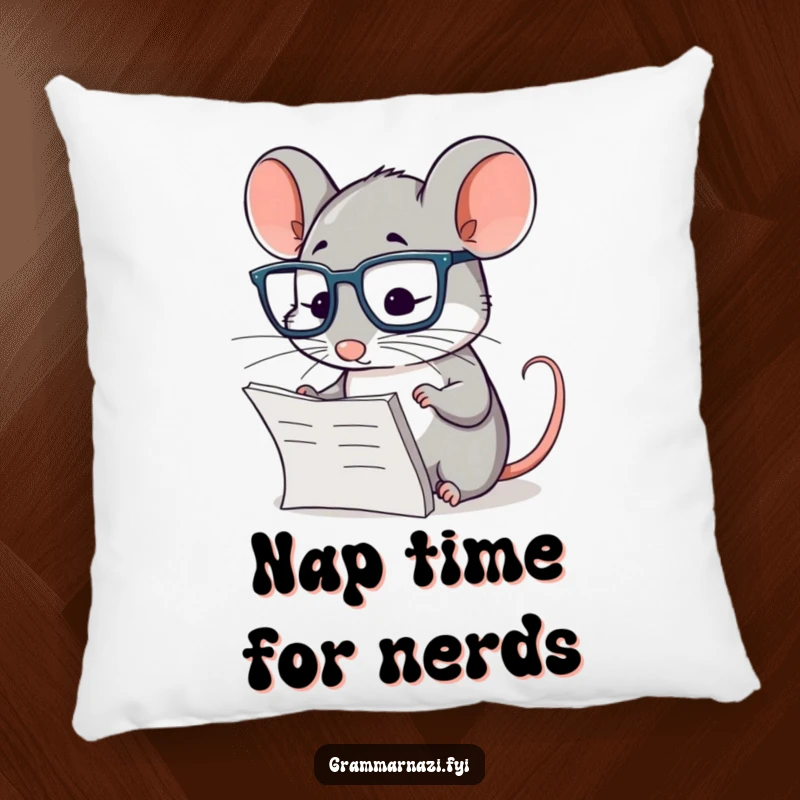 Funny pillow showcasing a diligent mouse with glasses, meticulously checking a paragraph, for cozy and humorous relaxation.