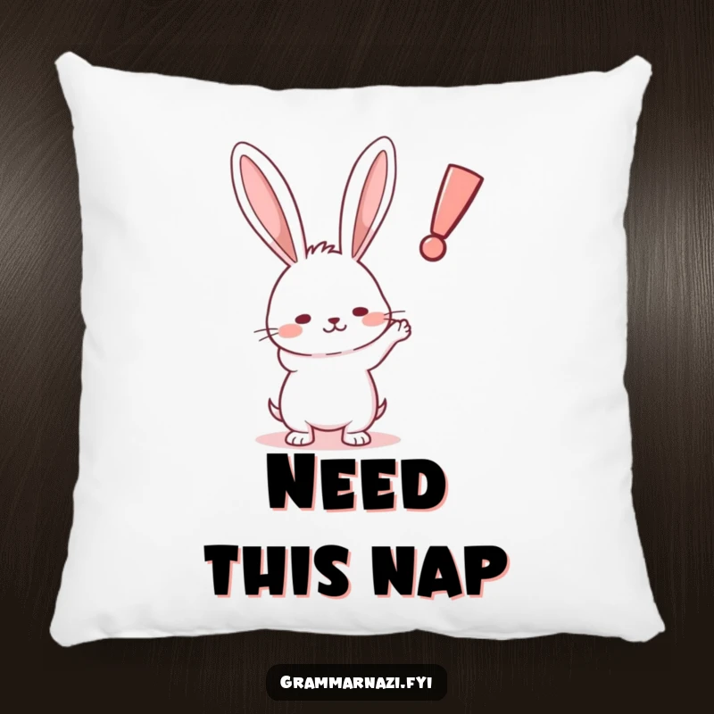 Funny Rabbit Exclamation Pillow: A plush pillow with a determined rabbit pointing at a crooked exclamation point, offering comfort and humor.