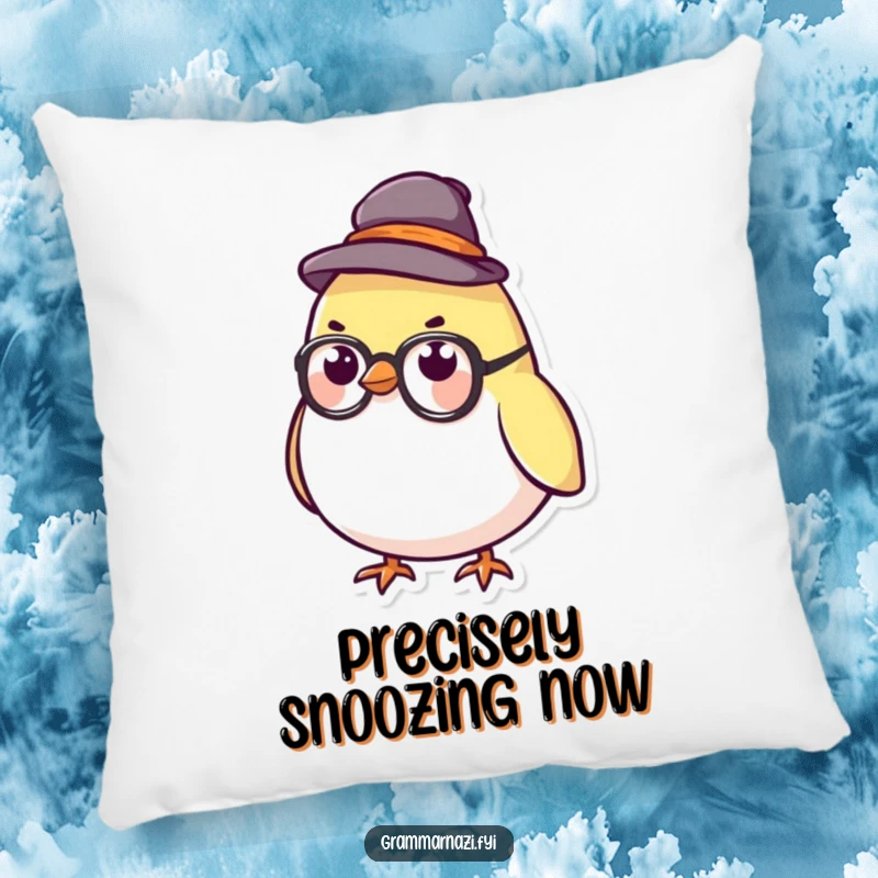 Funny Pillow featuring a small, serious bird character wearing a stern hat and glasses, offering cozy academic charm.