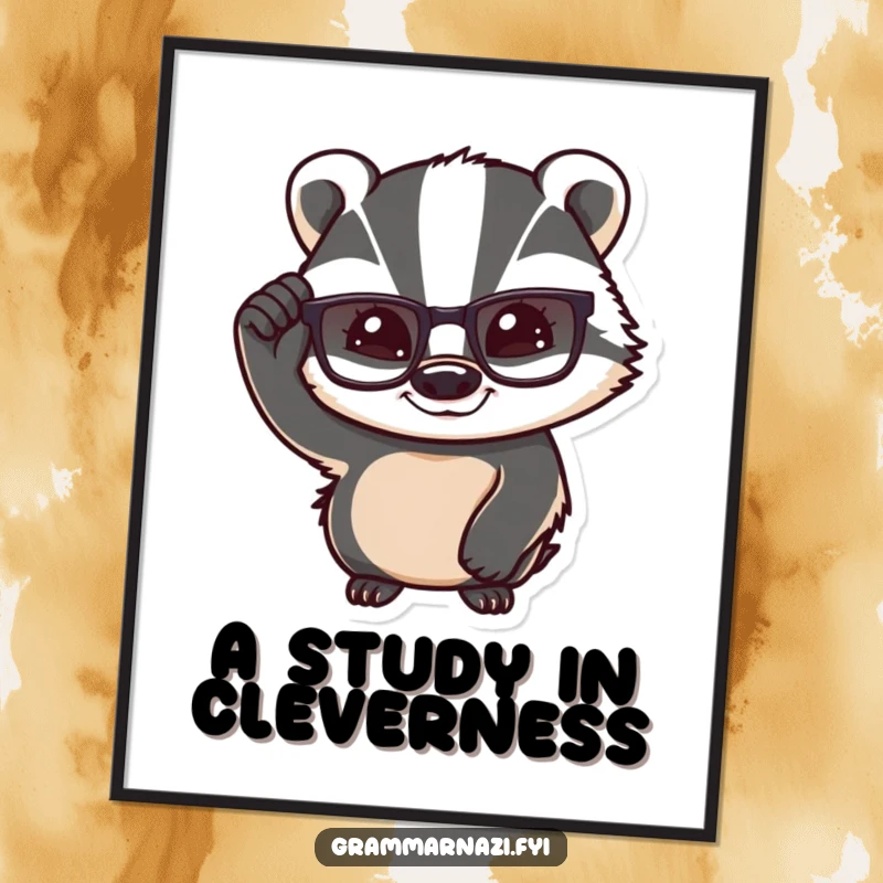 Funny Confident Badger Digital Print: A badger adjusts its glasses with a knowing smile, creating intelligent wall art.