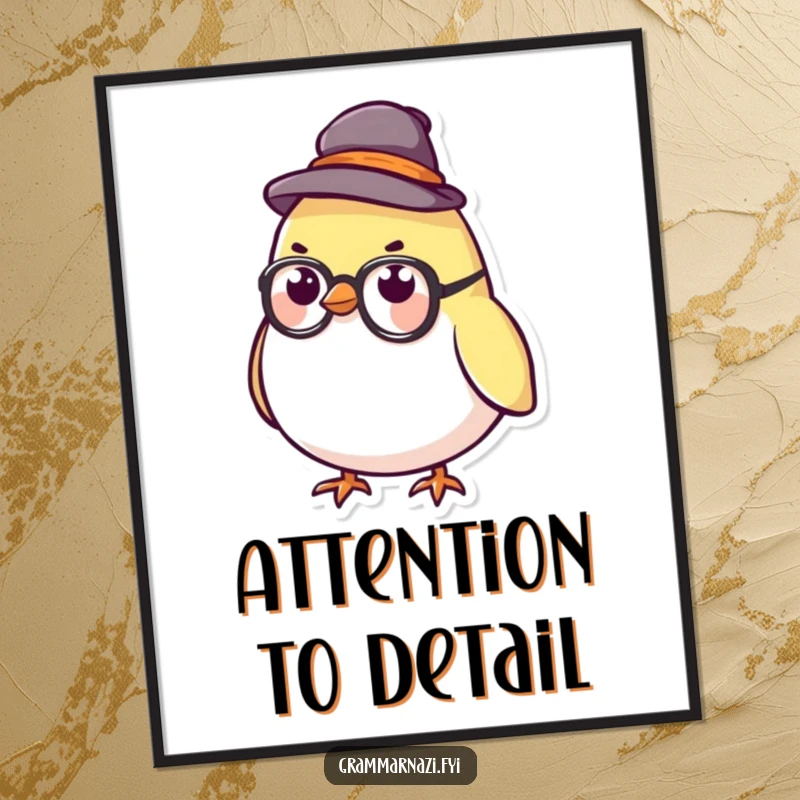 Funny Digital Art Print of a small, round bird character wearing a stern hat and glasses, exuding academic humor.