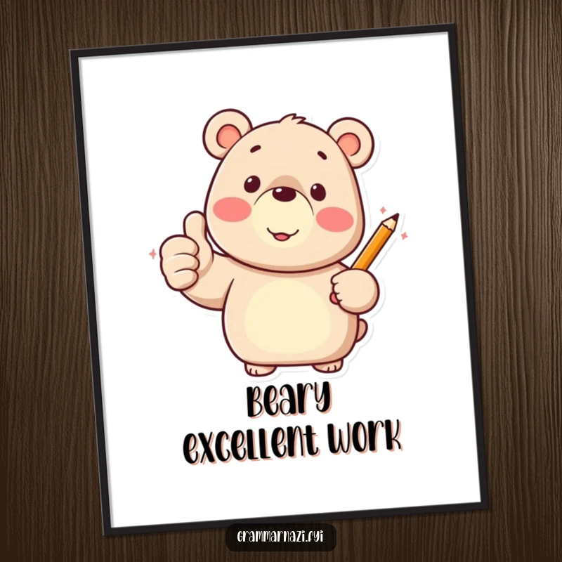 Funny digital art of a happy bear character giving a thumbs up with a pencil, bringing positivity to any room.