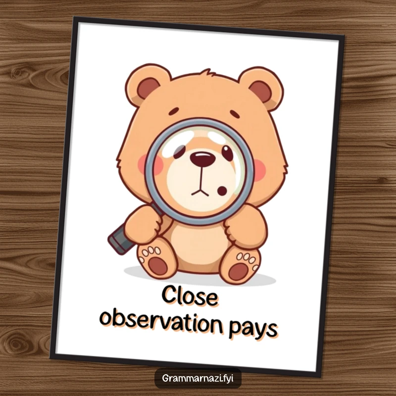 High-resolution funny digital art print of a bear scrutinizing a comma with a magnifying glass, perfect for humor and grammar enthusiasts.