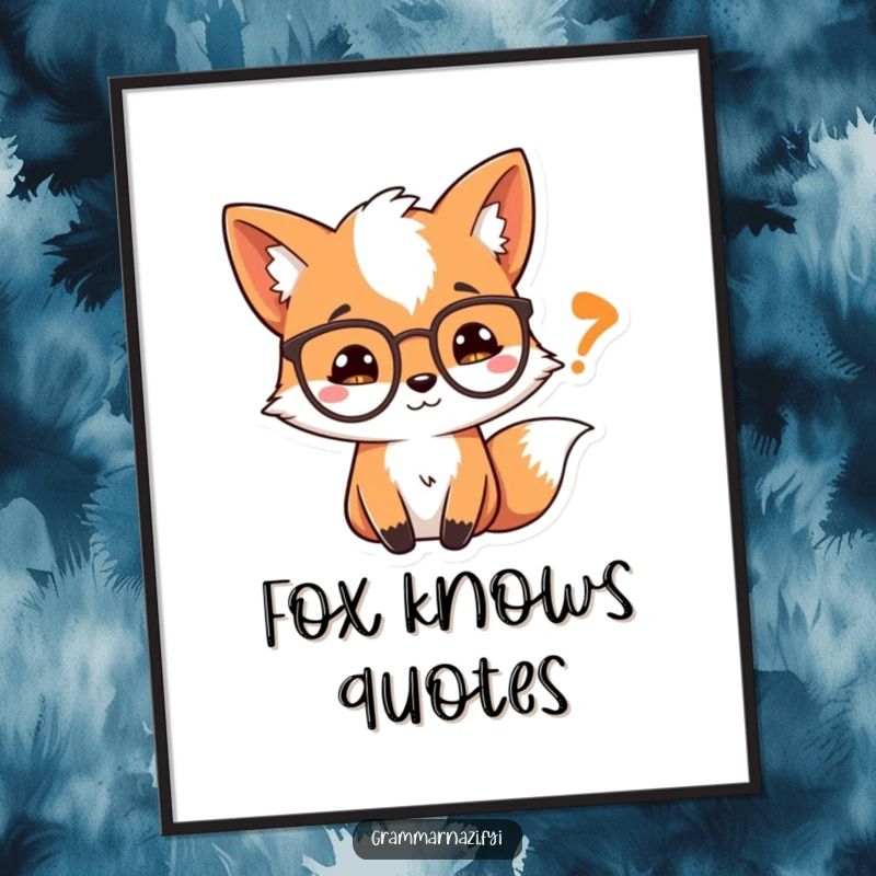 Funny Digital Art Print: A curious fox wearing spectacles looks at a quotation mark, downloadable literary art.