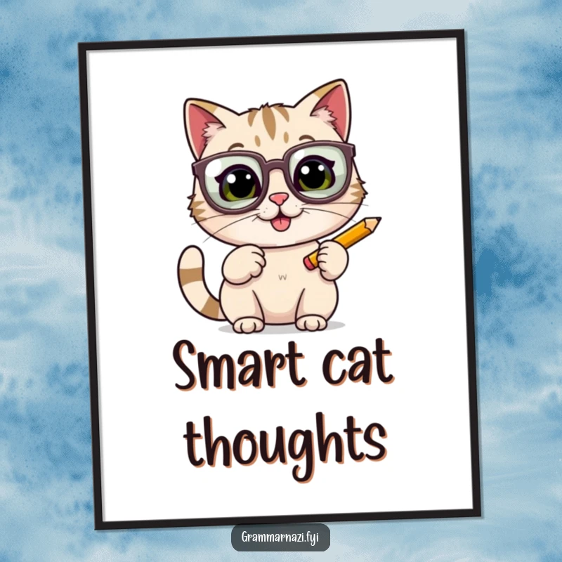 Funny cheerful cat with oversized glasses enthusiastically tapping a pencil, as a digital art print, for witty and cozy online decor.