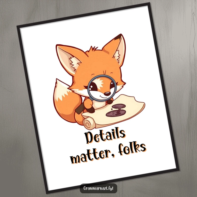 Funny fox digital art print, curious investigator using a magnifying glass on a scroll and ink splotch, humorous wall art.