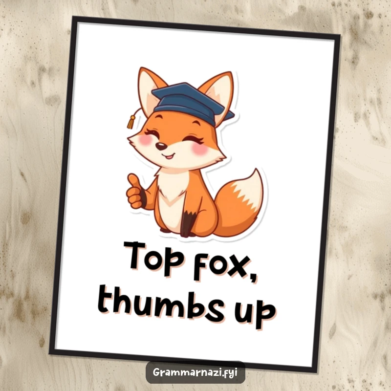 Funny digital art print of a cheerful fox wearing a graduation cap and giving a thumbs up, celebratory decor.