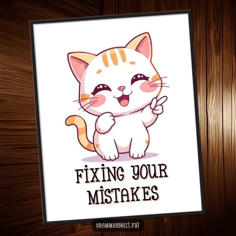 Funny Digital Art Print of a cheerful cat character precisely pointing at a misplaced comma, ideal for grammar humor.