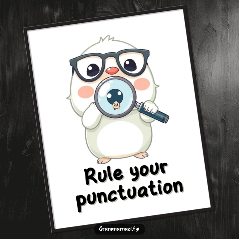 Funny digital art print of a tiny creature with glasses and a magnifying glass on a quest to find a minuscule, misplaced period.