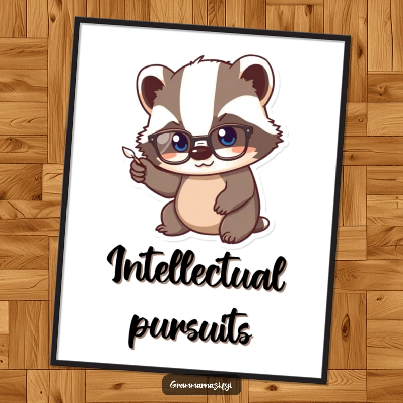 Funny Kawaii Badger Digital Art Print: A cute badger wearing spectacles vigorously points a tiny quill, symbolizing diligent study and focus.