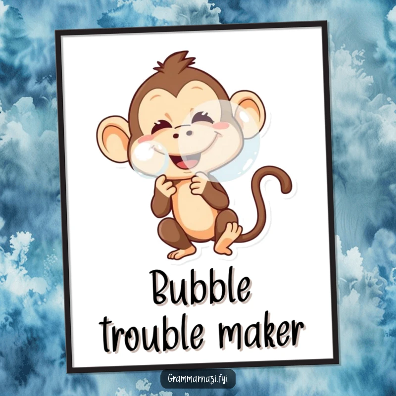 Funny digital art print of a mischievous monkey blowing a large bubble with a playful grin, perfect for decor.
