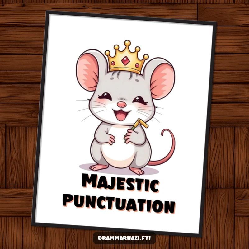 Funny Mouse Crown Polisher Digital Art Print: A crowned mouse polishes a comma, delivering instant humorous decor.