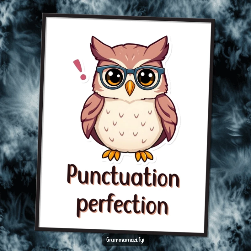 Funny Owl Grammar Digital Art: High-resolution image of a proud owl wearing spectacles correcting a misplaced apostrophe, perfect for printing.