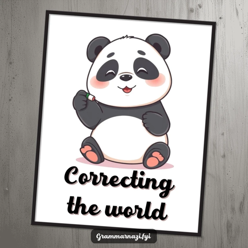 Funny Digital Art Print: Playful panda meticulously correcting a hyphen with an eraser, showcasing funny precision, ideal funny gift.