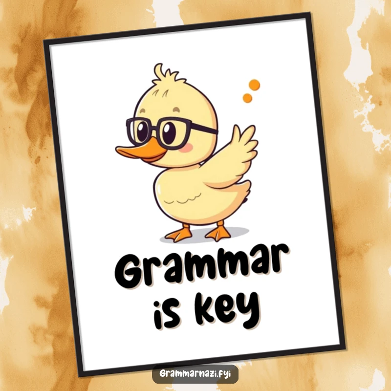 Funny duckling digital art print with spectacles, pointing at an apostrophe, offering instant linguistic humor and decorative appeal.