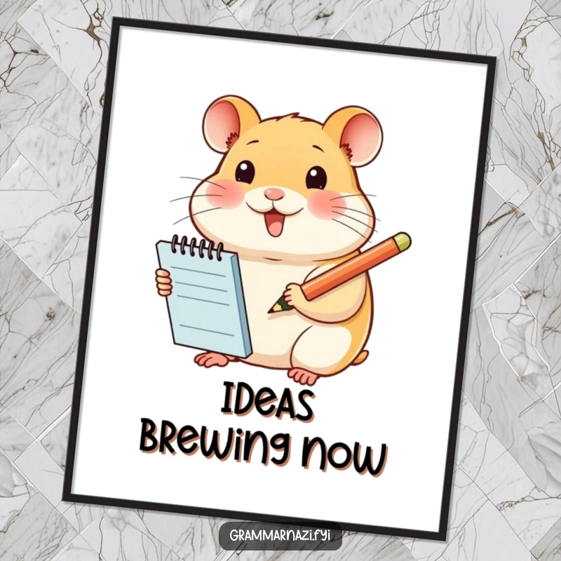 Funny digital art print of a smiling hamster with a notepad and pencil, ready to capture ideas, ideal for humorous wall decor.