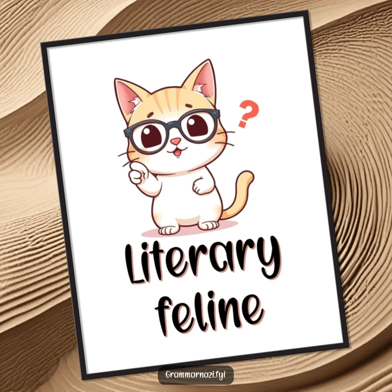 Funny digital art print of a distinguished cat wearing glasses, intently pointing at a single, misplaced comma.